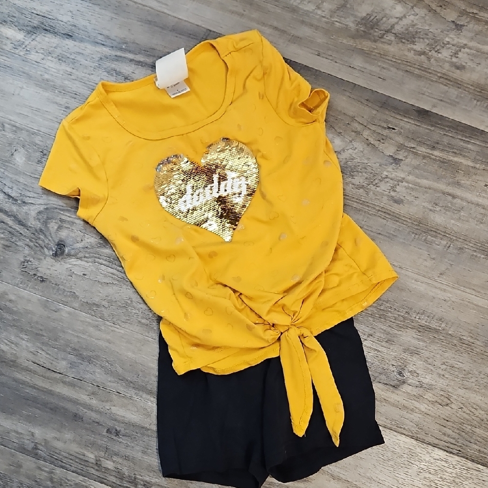 Yellow Sequin Heart Tie-Front Top and Black Shorts Set
